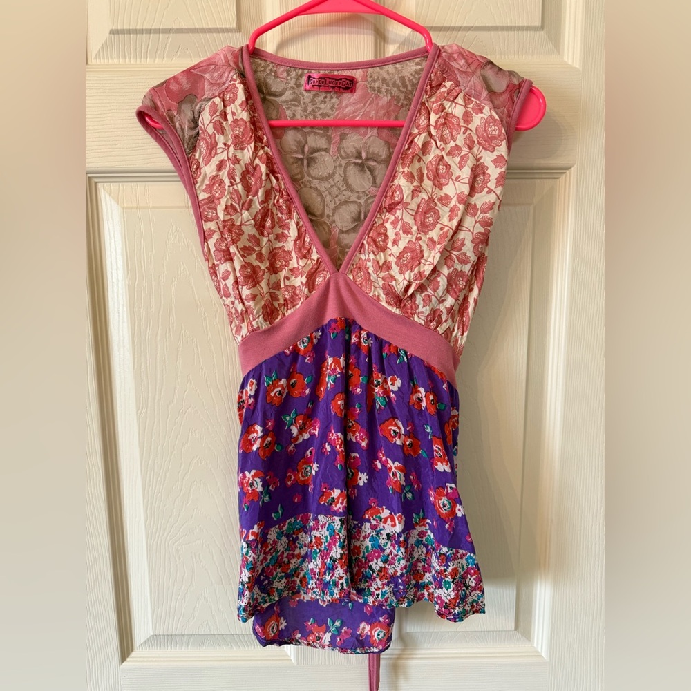 🩷Artisan made silk/cotton poly tie back Blouse Top size S🌸